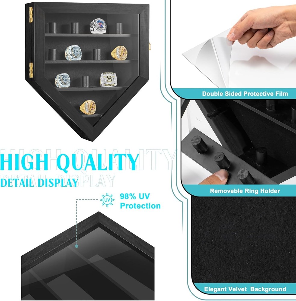 Championship Ring Display Case 12 Posts, Sports Case, Black