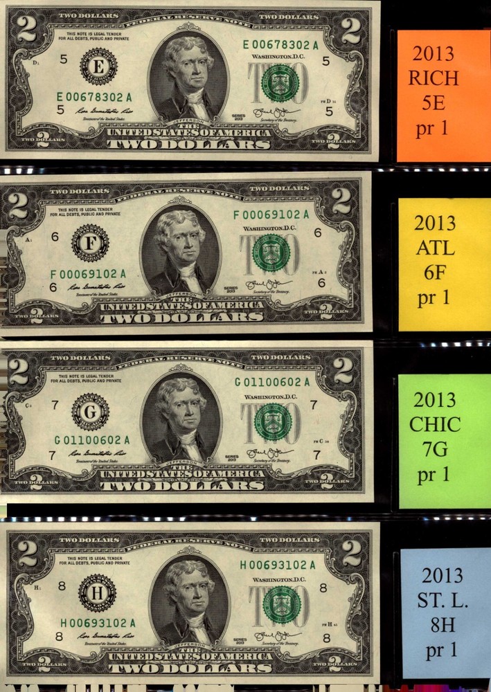 (42) 2013 series $2 notes COMPLETE district set of 12 FRB'S-same last 2 digits