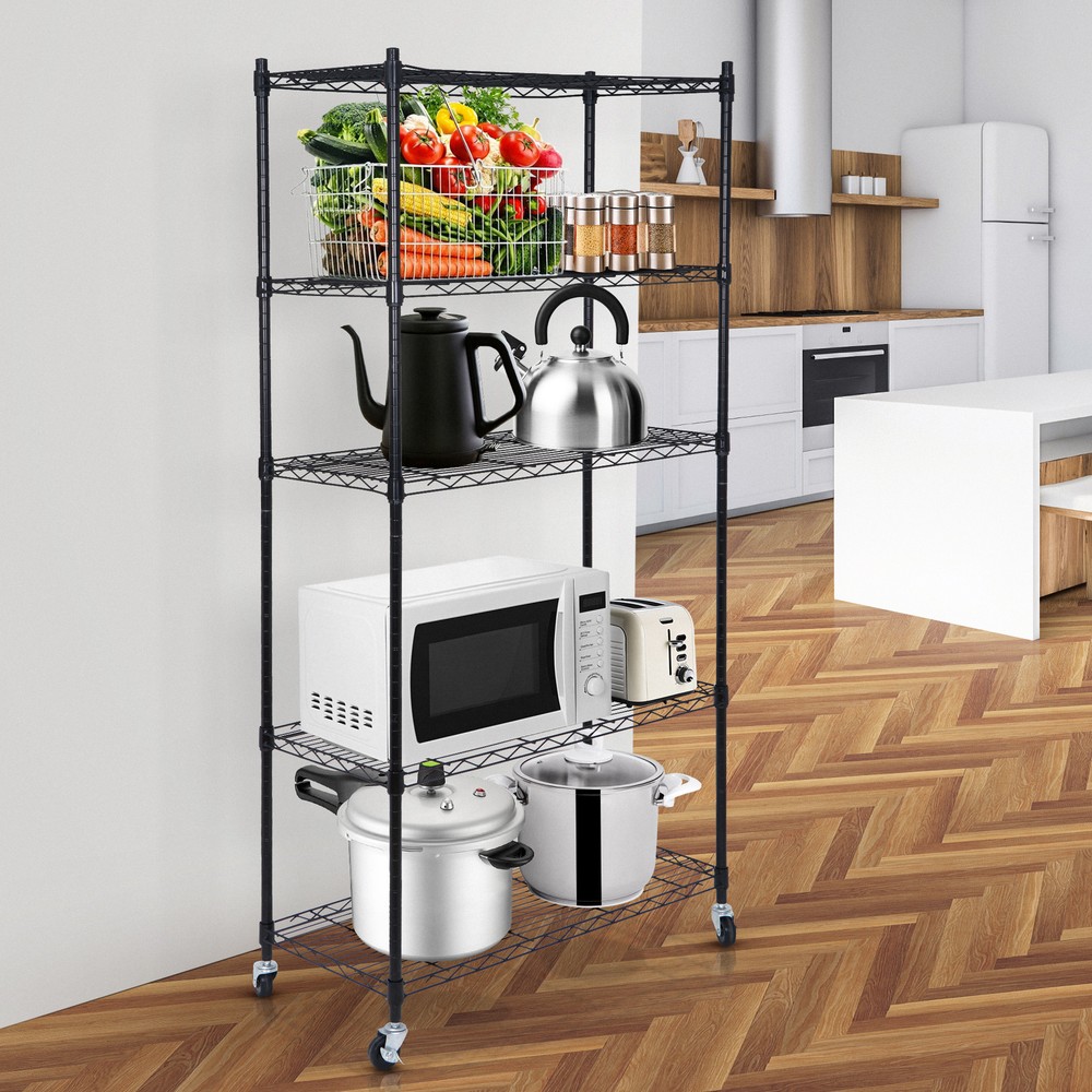 5 Tier Wire Storage Rack Adjustable Unit Shelf for Kitchen Office with 4 Wheels