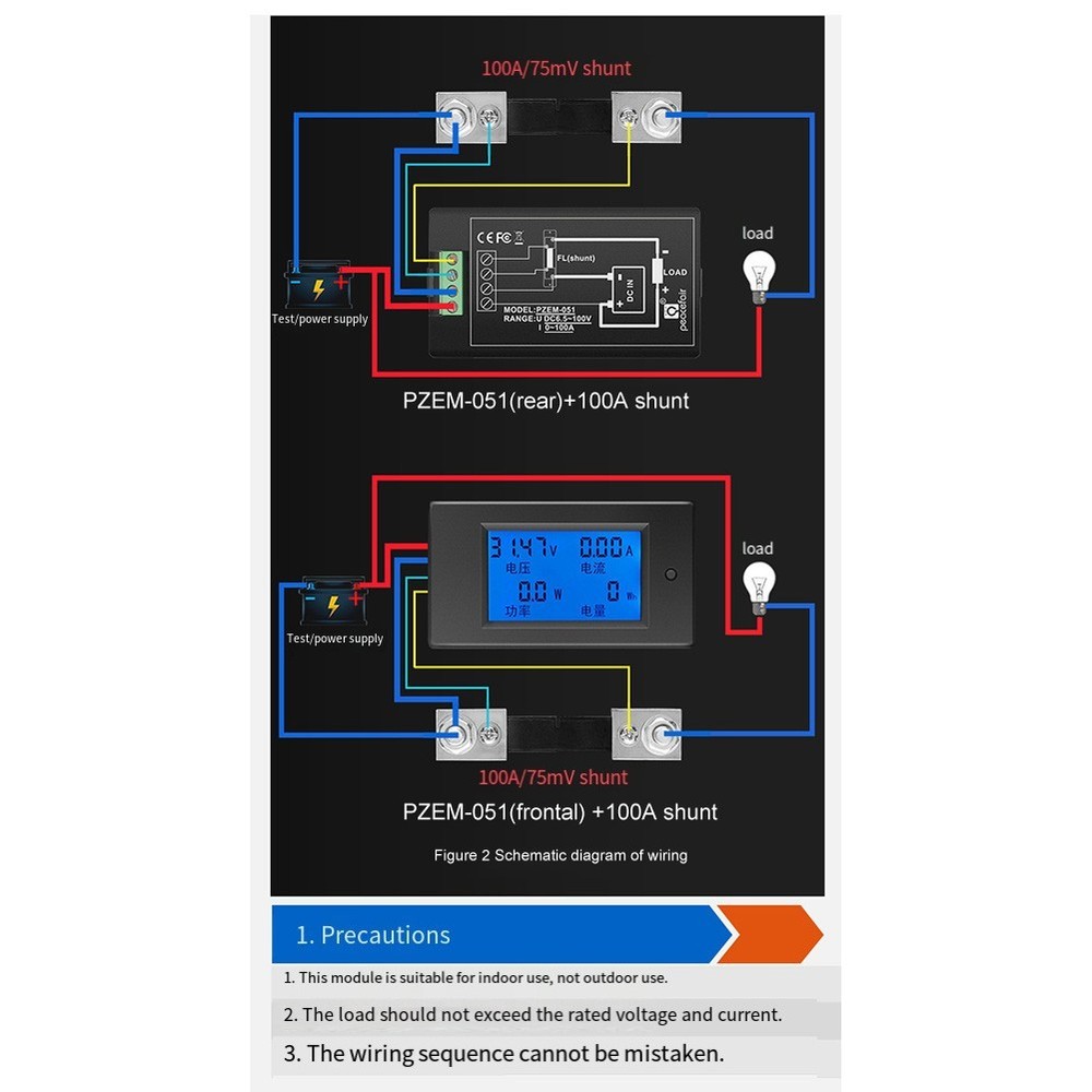Power Consumption Tracking Device DC Multimeter up to 100A and LCD Display