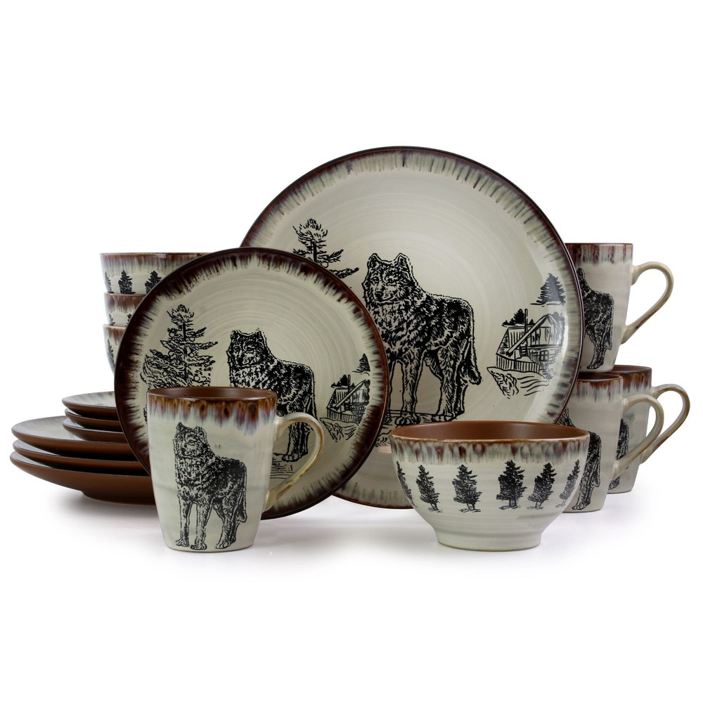 Majestic Wolf Complete Dinnerware Set 16 Piece Luxurious Stoneware Dishes