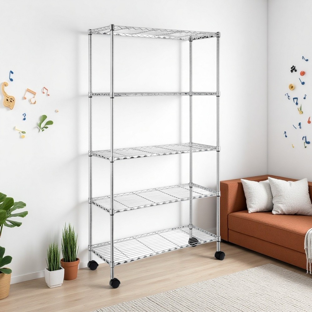 5-Tier Rolling Modular Shelving Unit - Heavy Duty, Adjustable, Metal & White