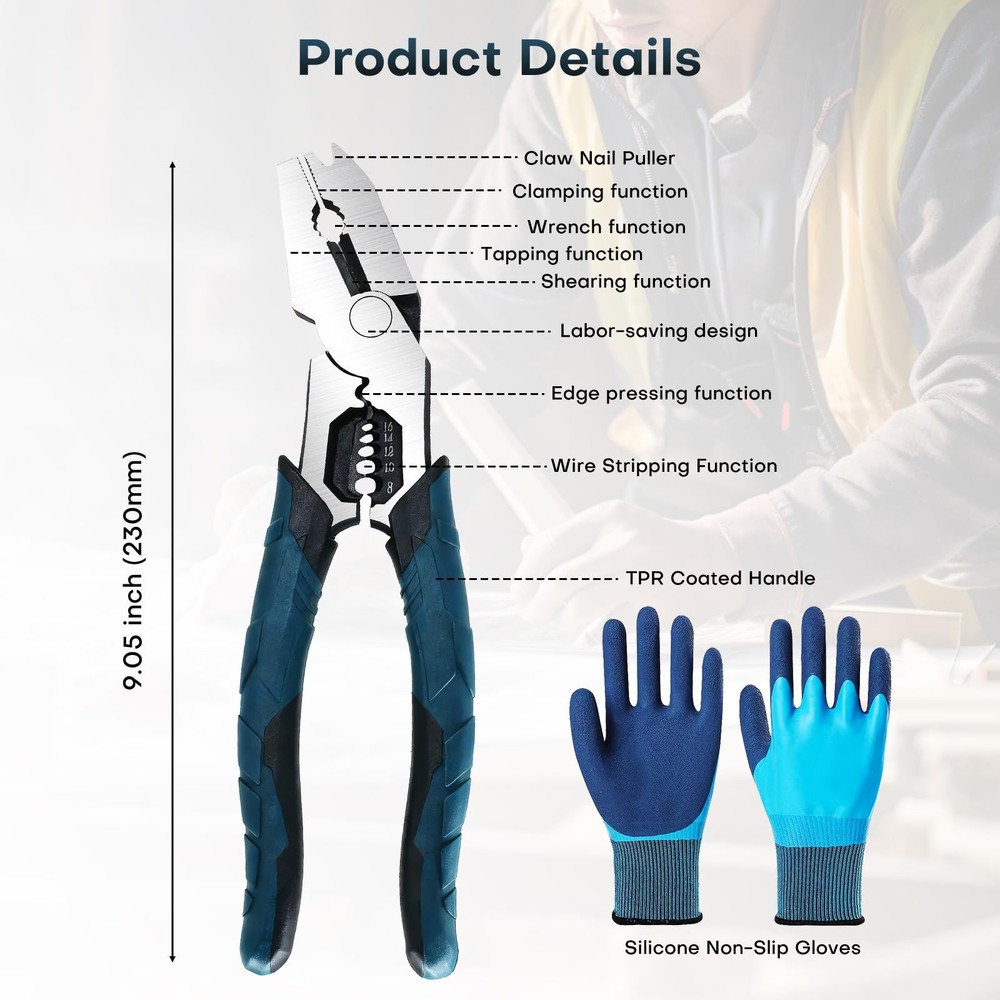 Industrial Multi-Function Cutting Pliers with V-Shaped Head, 9-in-1 Heavy-Dut...