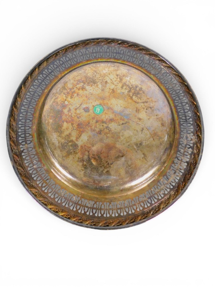 Vintage Silverplate Round Serving Platter Pierced Gallery Rope Edge