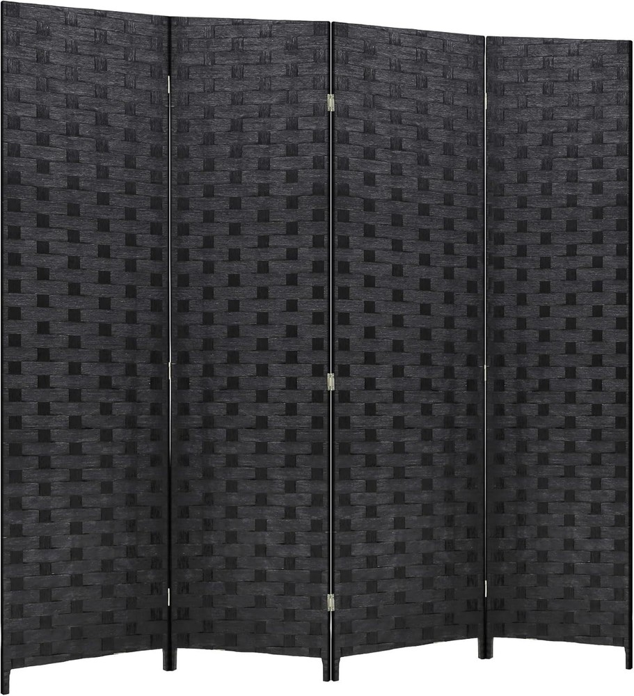 Versatile 4-Panel Folding Wood Divider | Modern Coal Black Woven Privacy Screen