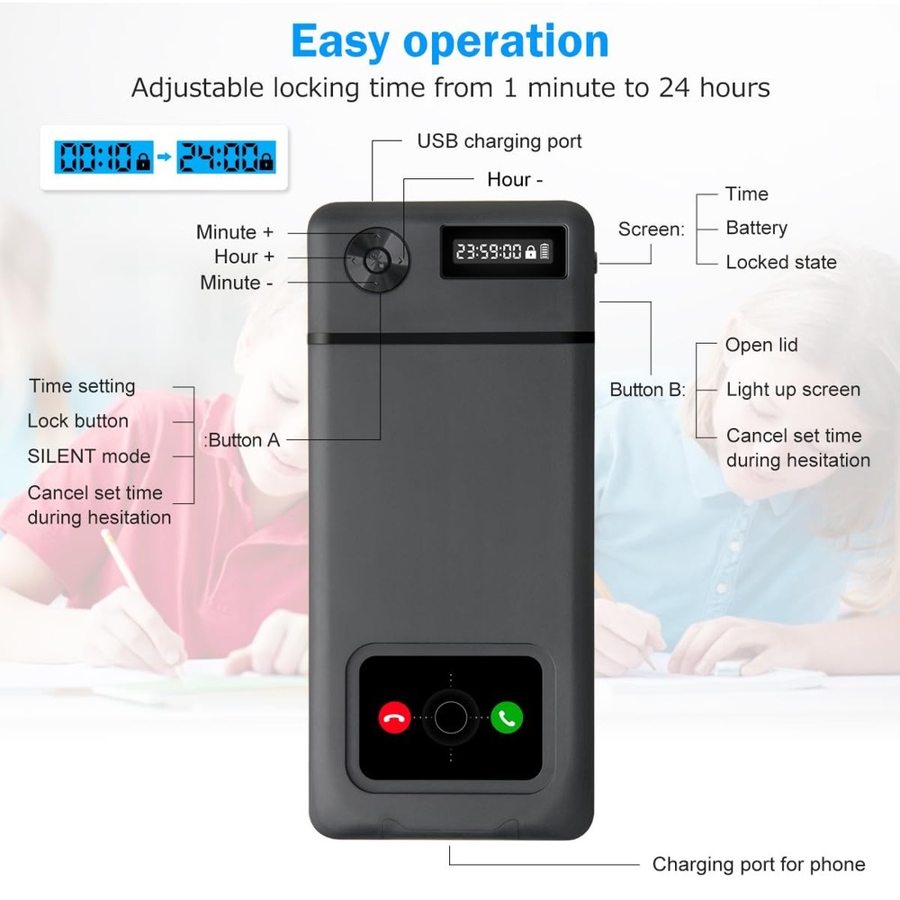Phone Lock Box with Timer, 90 Day Battery, Quiet Mode, iPhone/Android Compatible