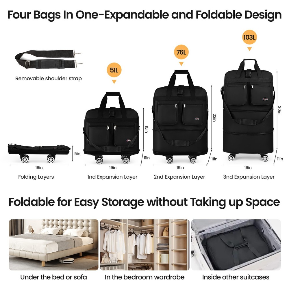 Expandable Rolling Duffle Bag Wheeled Luggage Foldable Suitcase 30" 36" 40"
