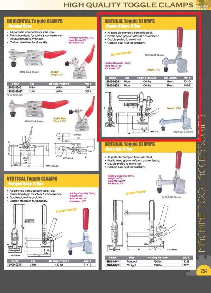 STYLE # 101-D VERTICAL U-BAR TOGGLE CLAMP WITH FLANGED BASE (3900-0334)