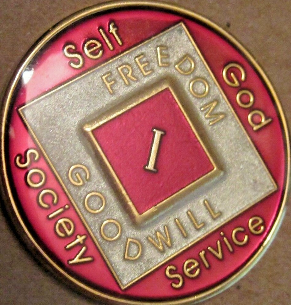 Narcotics Anonymous Red White 1 year NA Medallion. Sterling Silver Bezel & 18"