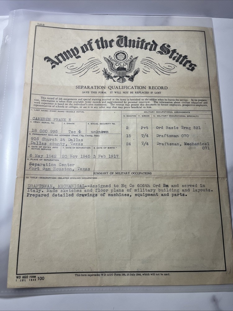 WW2 Separation Qualification Record 1945 Frank Cameron