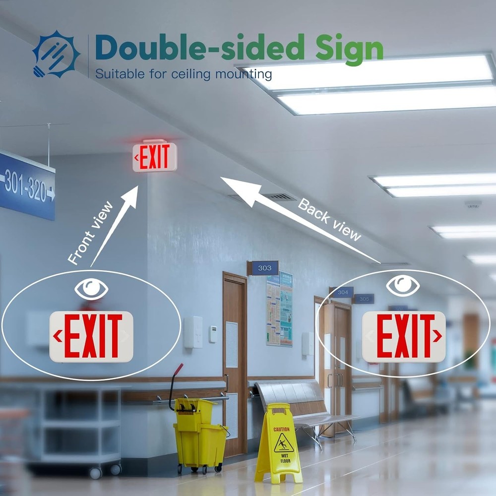 Double-Sided LED Exit Sign Set with Battery Backup and Easy Installation Options