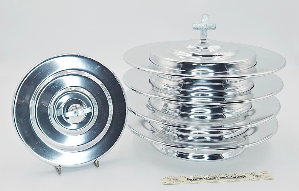 Communion Set Silver Tone Aluminum 4 Stackable Plates and Two Lids Used