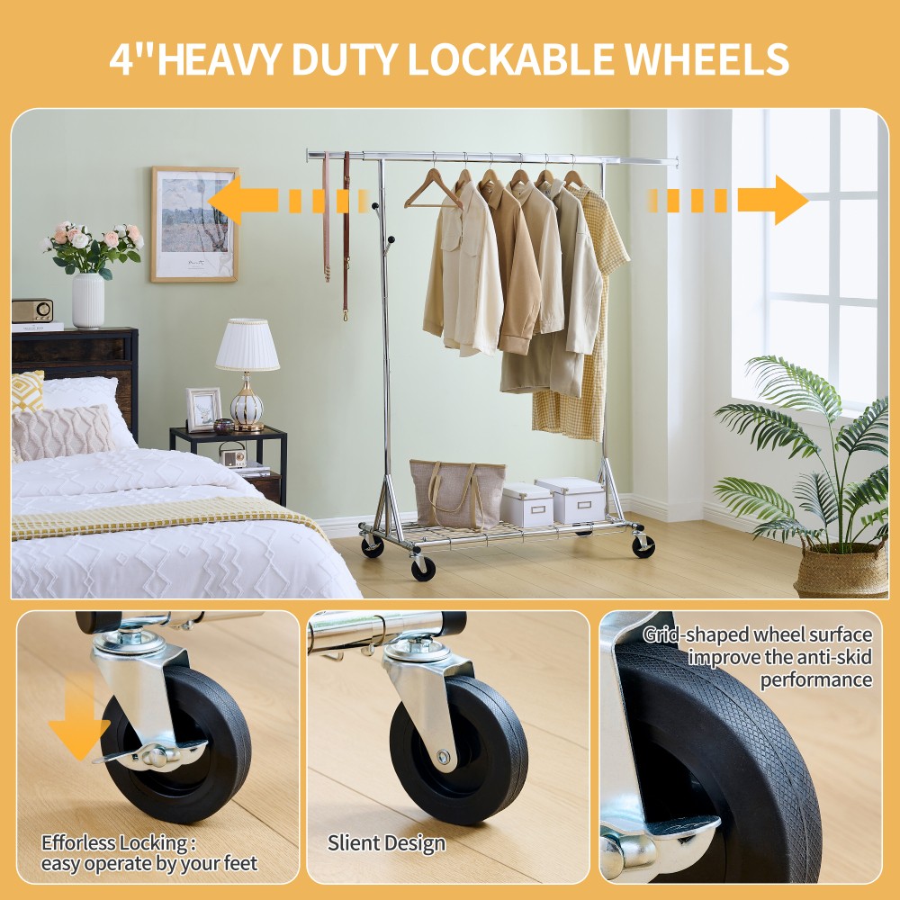 Silver Iron Heavy Duty Clothes Rack 600LBS Capacity Adjustable Rolling Garment