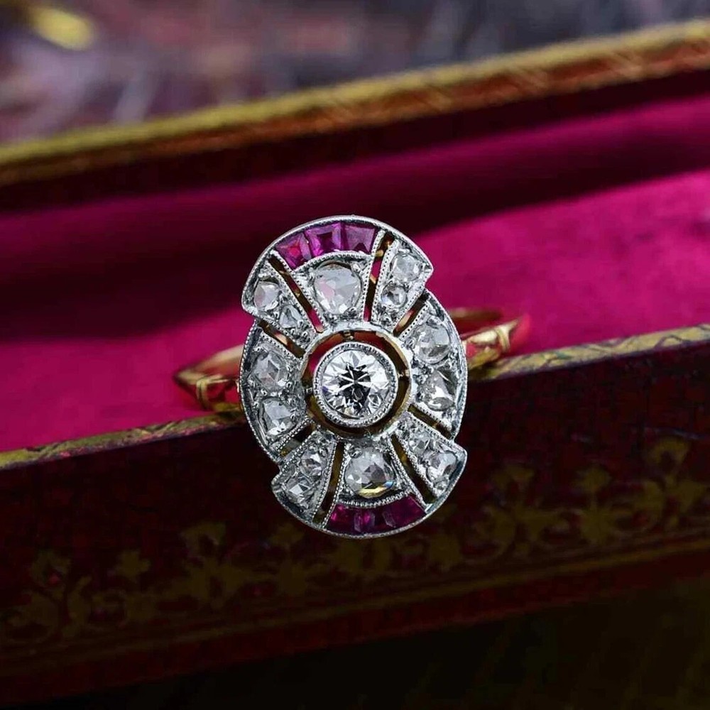 Art Deco Style Round 1.45Ct Lab Created Diamond & Ruby Wedding 925 Silver Ring