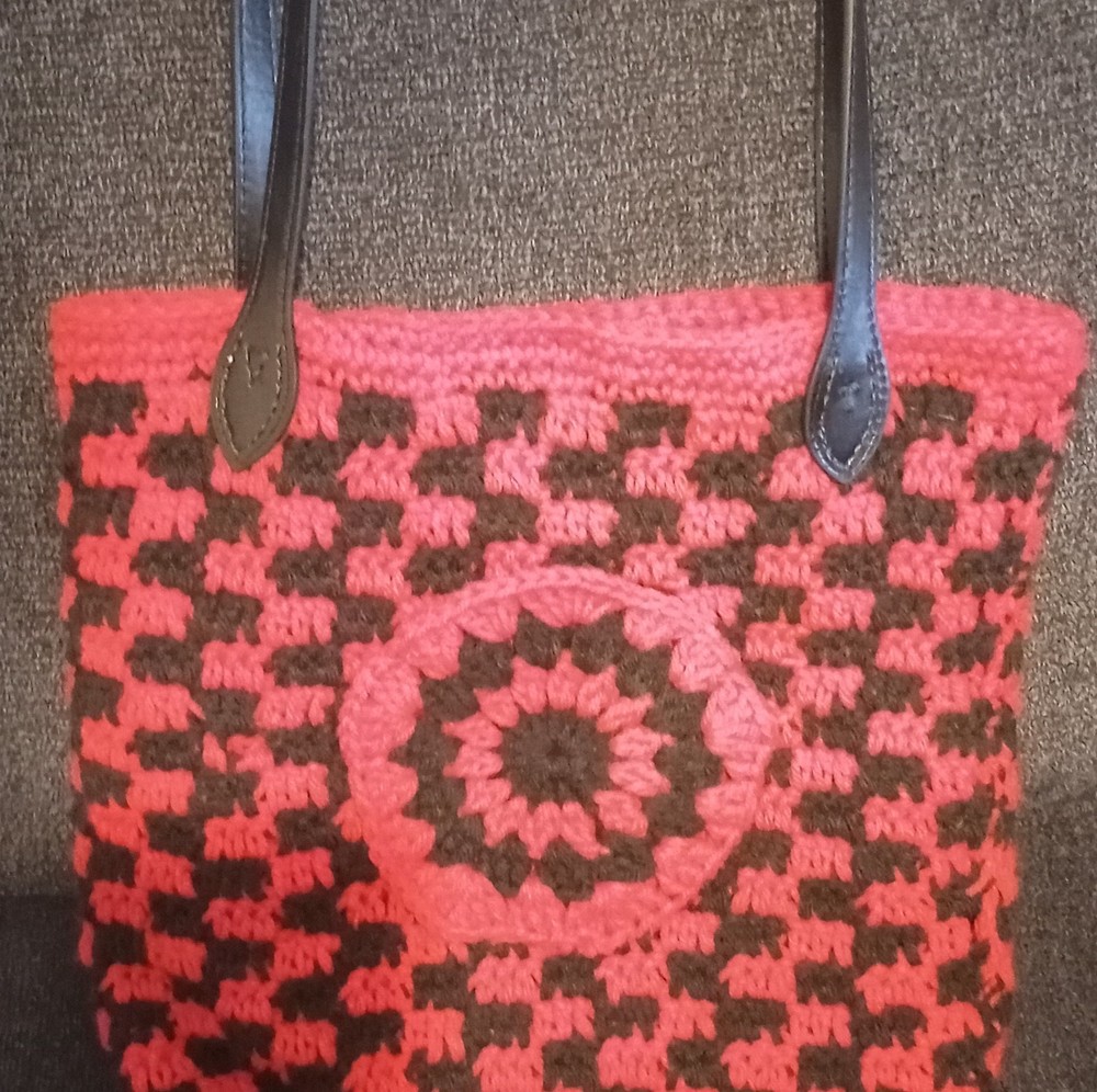 Handmade Crochet  Bag Red Black Pattern with Black Handles.