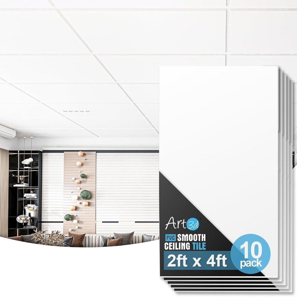 10-Pack Smooth Drop Ceiling Tile 2ft x 4ft - Fire-Rated, Waterproof, Reusable...
