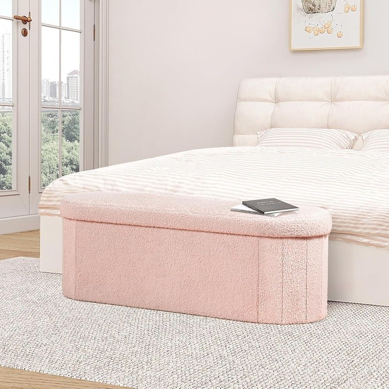 Folding Storage Ottoman Soft Boucle Bench Comfortable Multiuse 600lbs Capacity