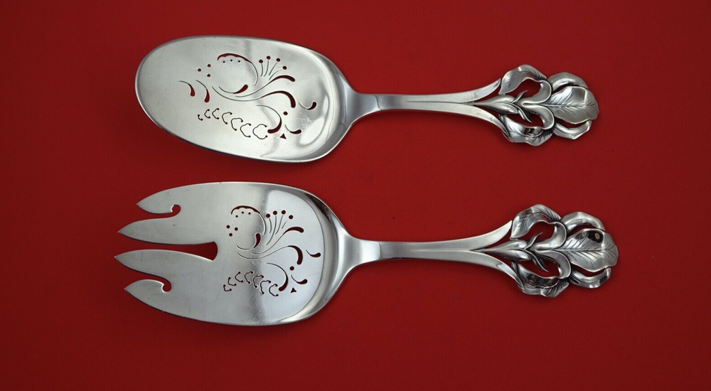 Iris Sorensen Sterling Silver Fish Serving Set w/ large Iris handles 2-pc 9"