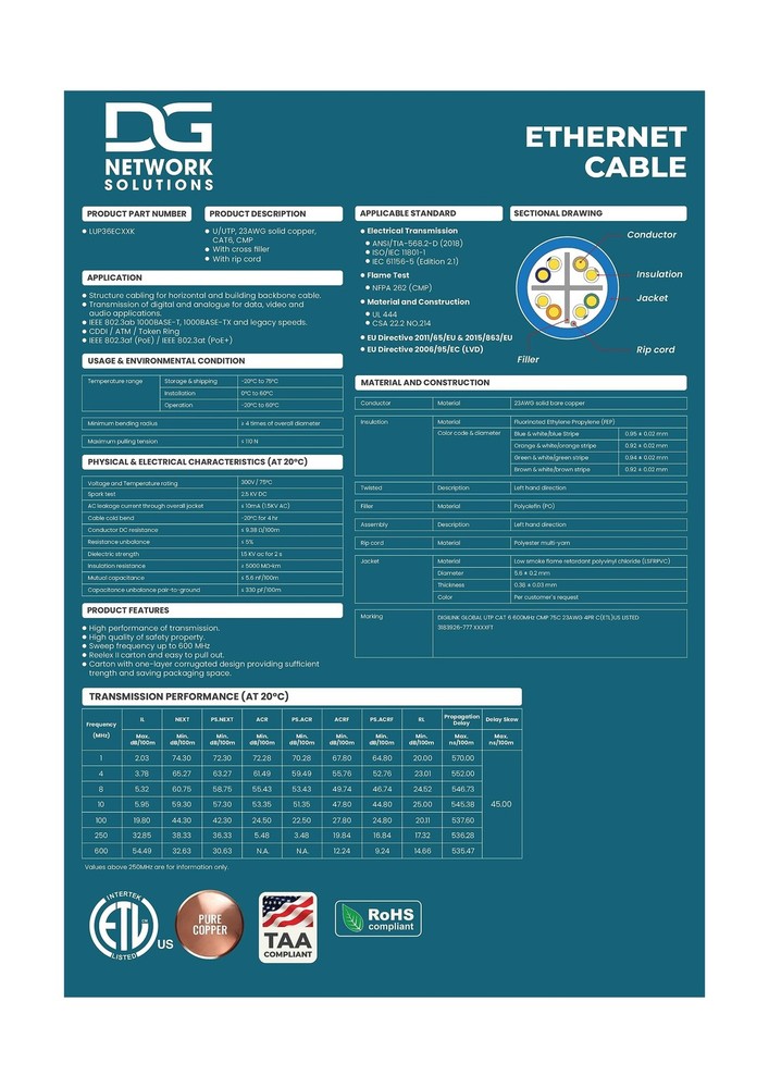 DG Cat6 Plenum (CMP), 1000ft, 600MHz, Unshielded, UTP, 23AWG, Solid Bare Copp...