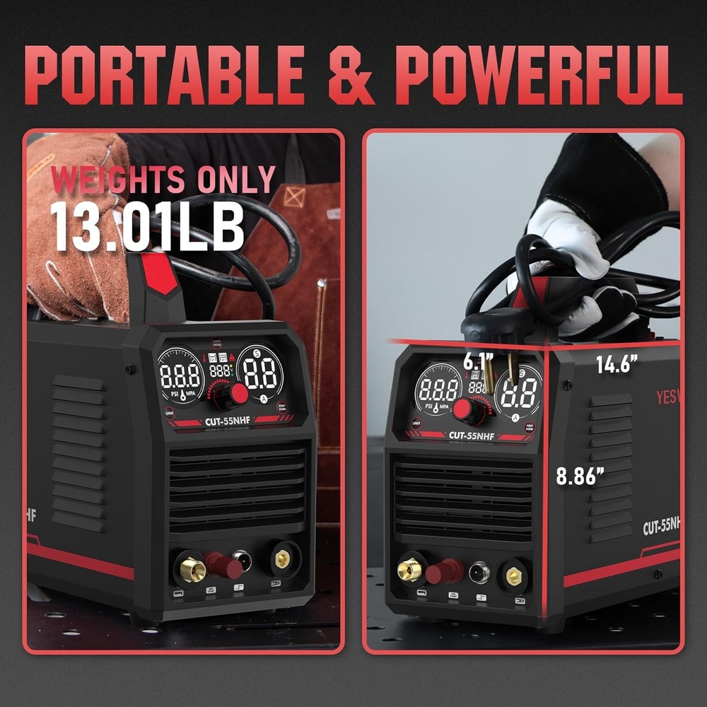 55A Dual Voltage Plasma Cutter with Large Digital Display, Non-HF Pilot Arc