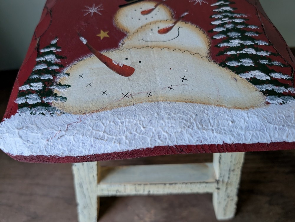 Snowman Christmas 'Let It Snow' Stool Hand Painted Primative Rustic Distressed