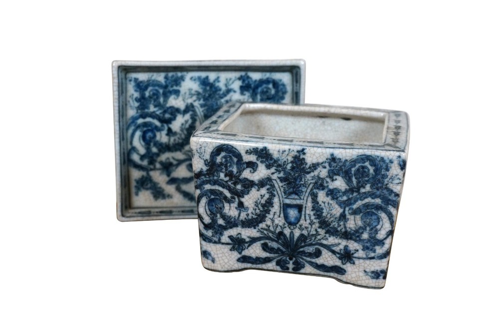 United Wilson Blue & White Rectangular Planter & Underplate Cache Pot Vase 6"