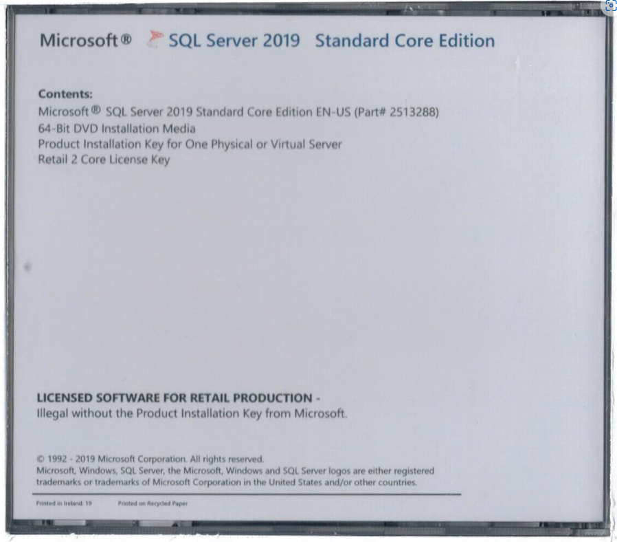 Microsoft SQL Server 2019 Standard with 2 Core License, unlimited User CALs