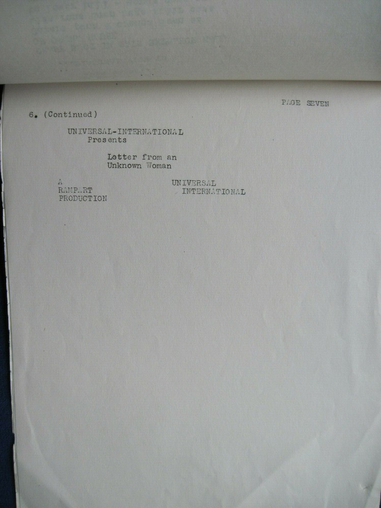 ORIGINAL CONTINUITY & DIALOGUE SCRIPT for MAX OPHULS' LETTER TO AN UNKNOWN WOMAN