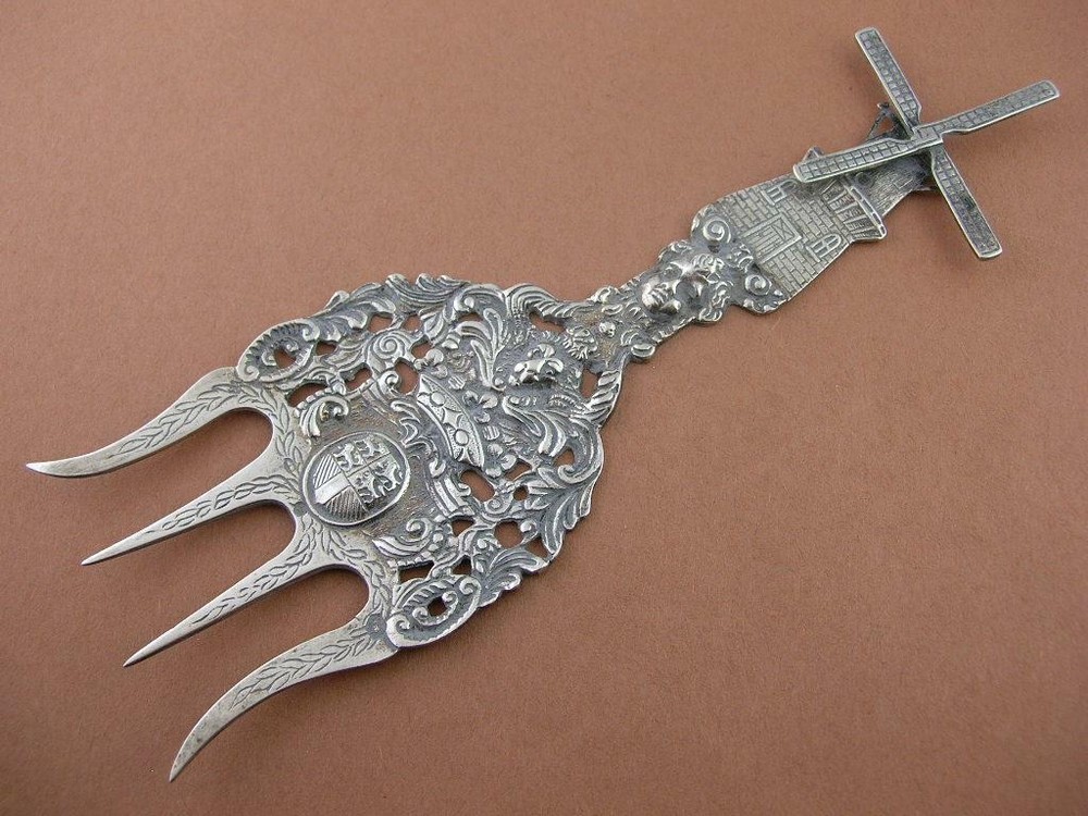 Old Dutch .833 Silver Unusual Serving Fork Windmill handle face lion head ornate
