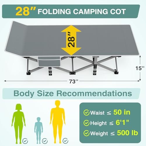 Camping Cot for Adults, Heavy-Duty Basic - 75x28x15" Gray Cot + Onyx Pad