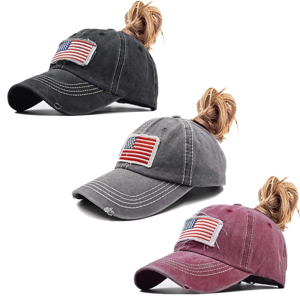 3 Pack Women's American Flag Baseball Cap Adjustable Ponytail Hat Distressed ...