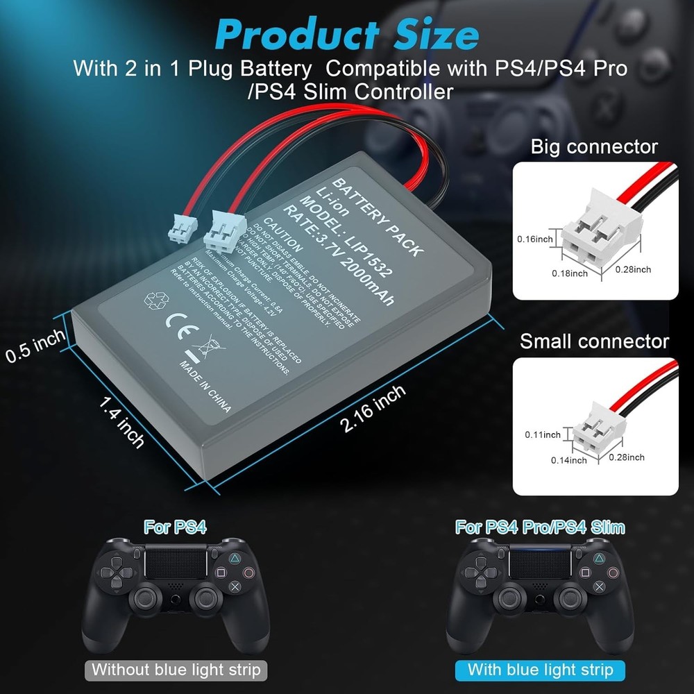 2 Pack 2000mAh Batteries for PS4Pro/PS4Slim Controller,Replacement Lithium Ba...