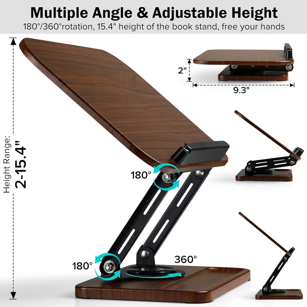 Wooden Book Stand with Light Storage Adjustable 360 Angle for Reading