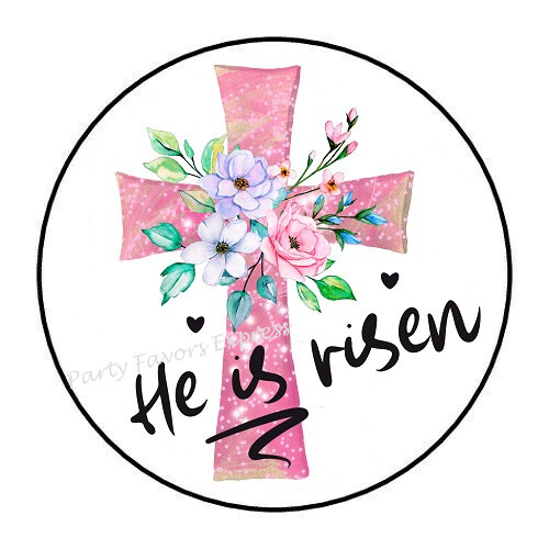 HE IS RISEN EASTER PINK CROSS ENVELOPE SEALS LABELS FAVORS STICKERS