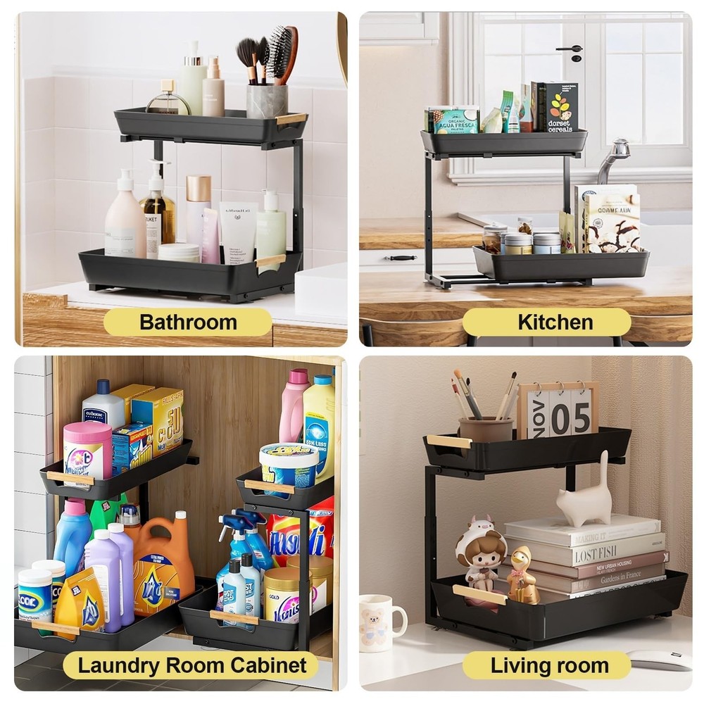 2 Pack Under Sink Organizer,2 Tier Pull Out Adjustable Height Under Cabinet S...
