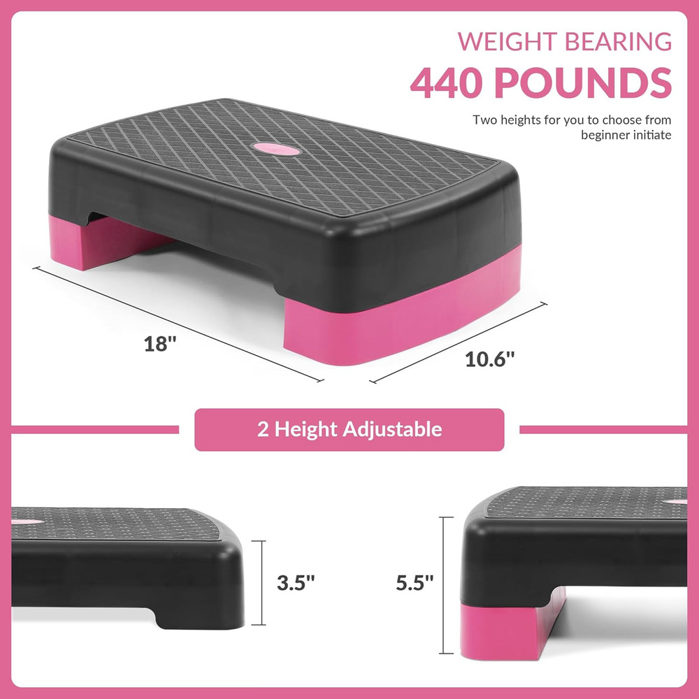 18" Aerobic Step Platform, Workout Stepper with Adjustable 2 Stackable Risers 3"