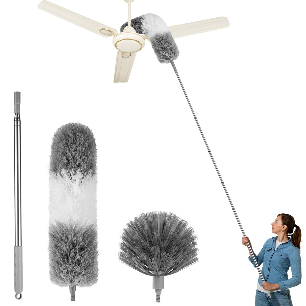 3PCS Cobweb Duster Set with Extension Pole, Long Handle Feather Duster & Ceiling