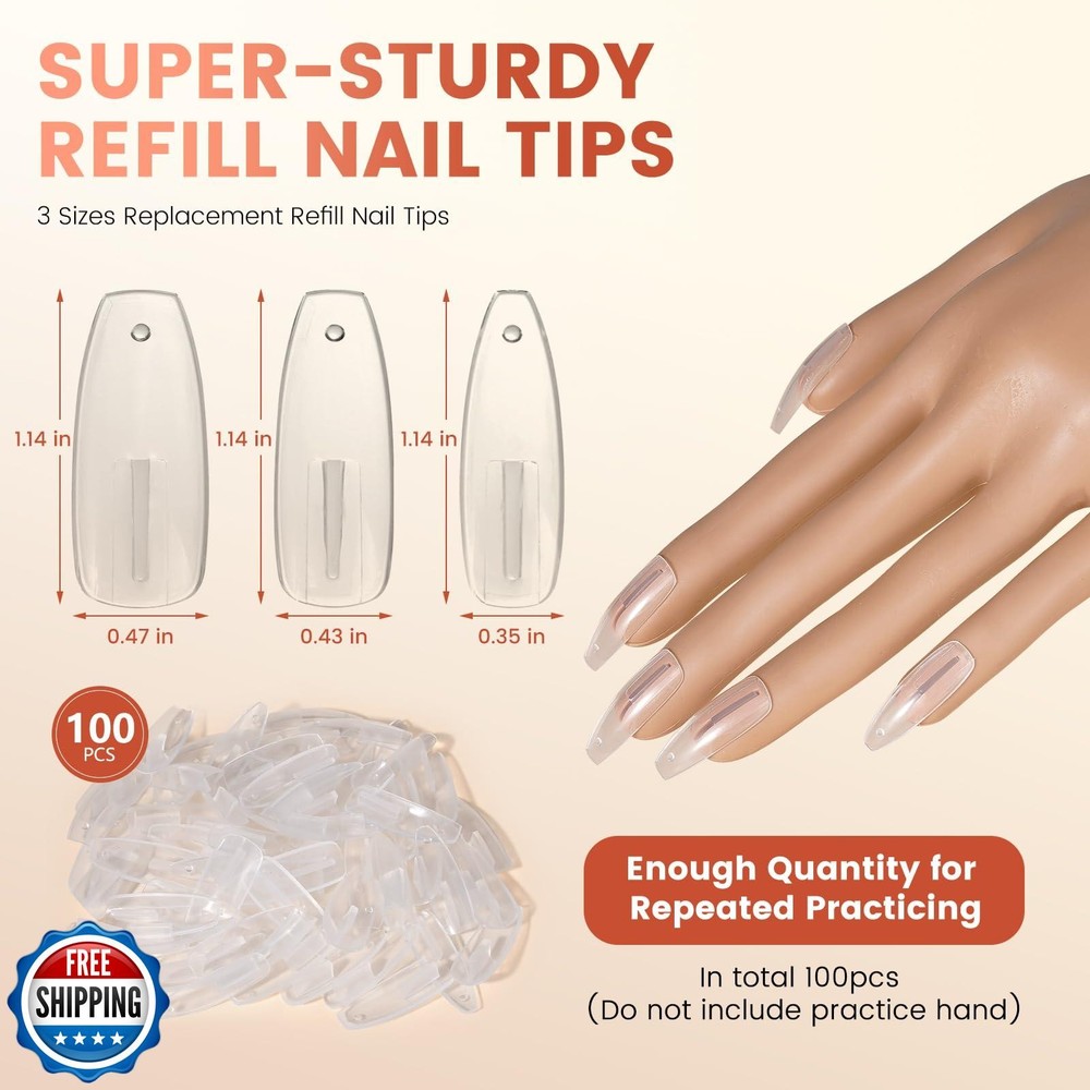 100PCS Replacement Nail Tips for Practice Hand - Clear Refill Acr