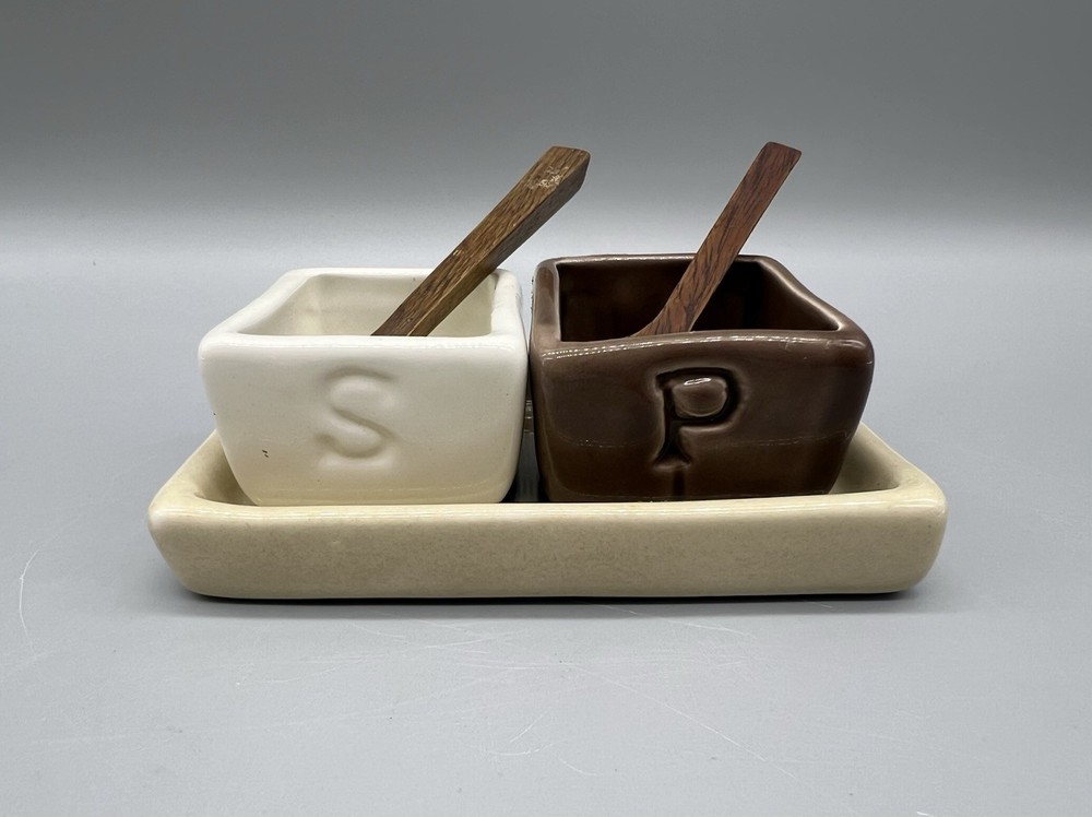 Pottery Barn Studio Barbara Eigen Ceramic Salt & Pepper Cellars Wood Spoons