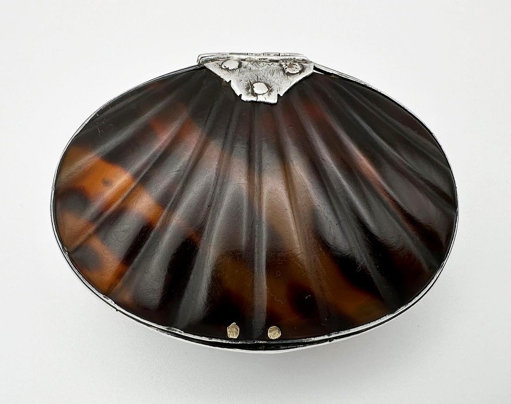 LATE 17TH / EARLY 18TH CENTURY SILVER MOUNTED SHELL FORM SNUFF BOX