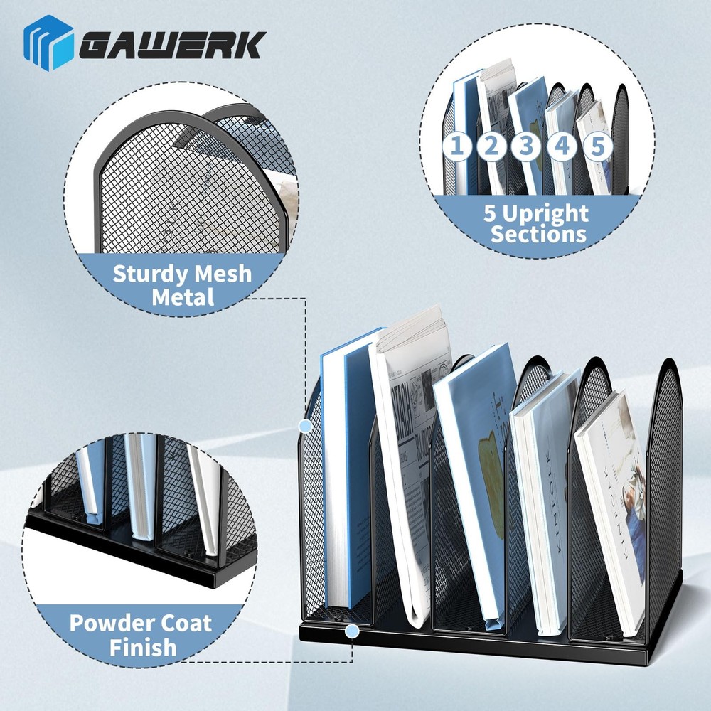 5-Section Vertical Desktop Organizer, 5-Section Mesh File Folder Stand Sorter...