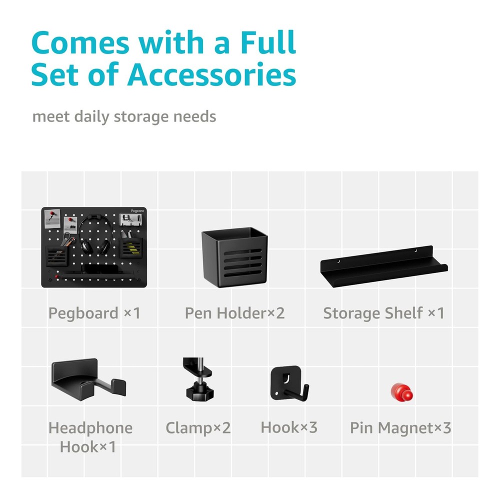 PEGZONE Clamp-on Desk Pegboard, Organizer for Office Medium, Black