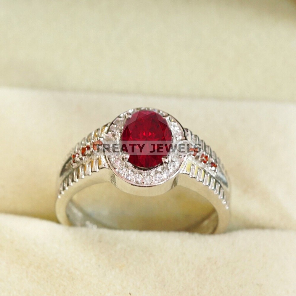 Ruby Oval Cut With 14K Solid White Gold Ring For Men's #B522