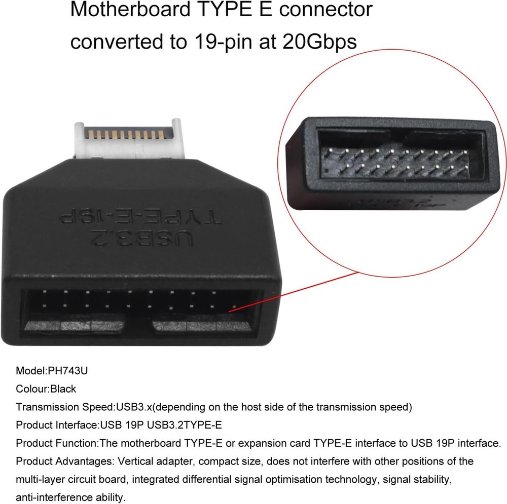 Motherboard USB3.2 Type E to 19Pin 20Pin Adaptor Type E to Front Panel Header...