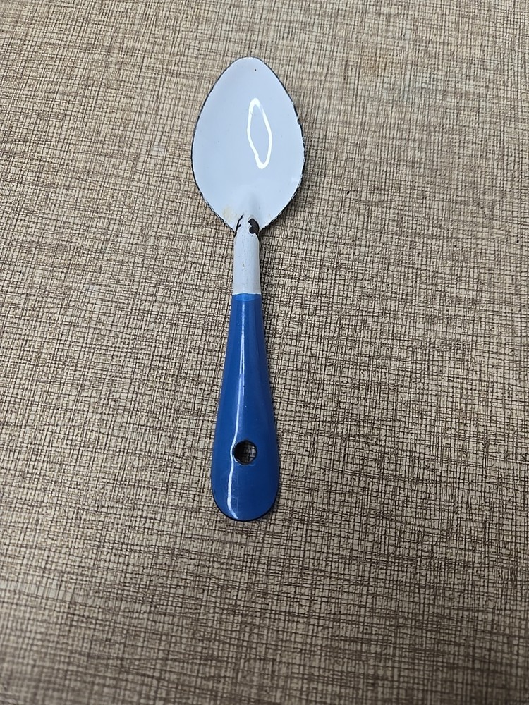 Vintage Enamel 8” & 6" Serving Spoons / Blue & White