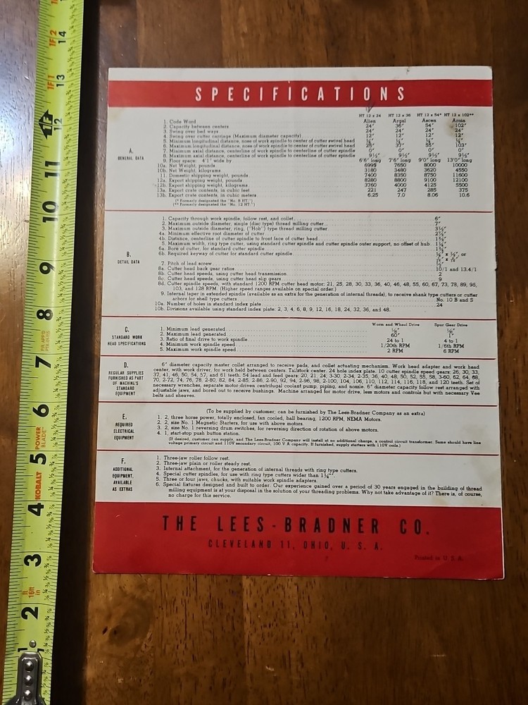 LEES BRADNER MODEL HT HEAVY TYPE THREAD MILLER MACHINE CATALOG