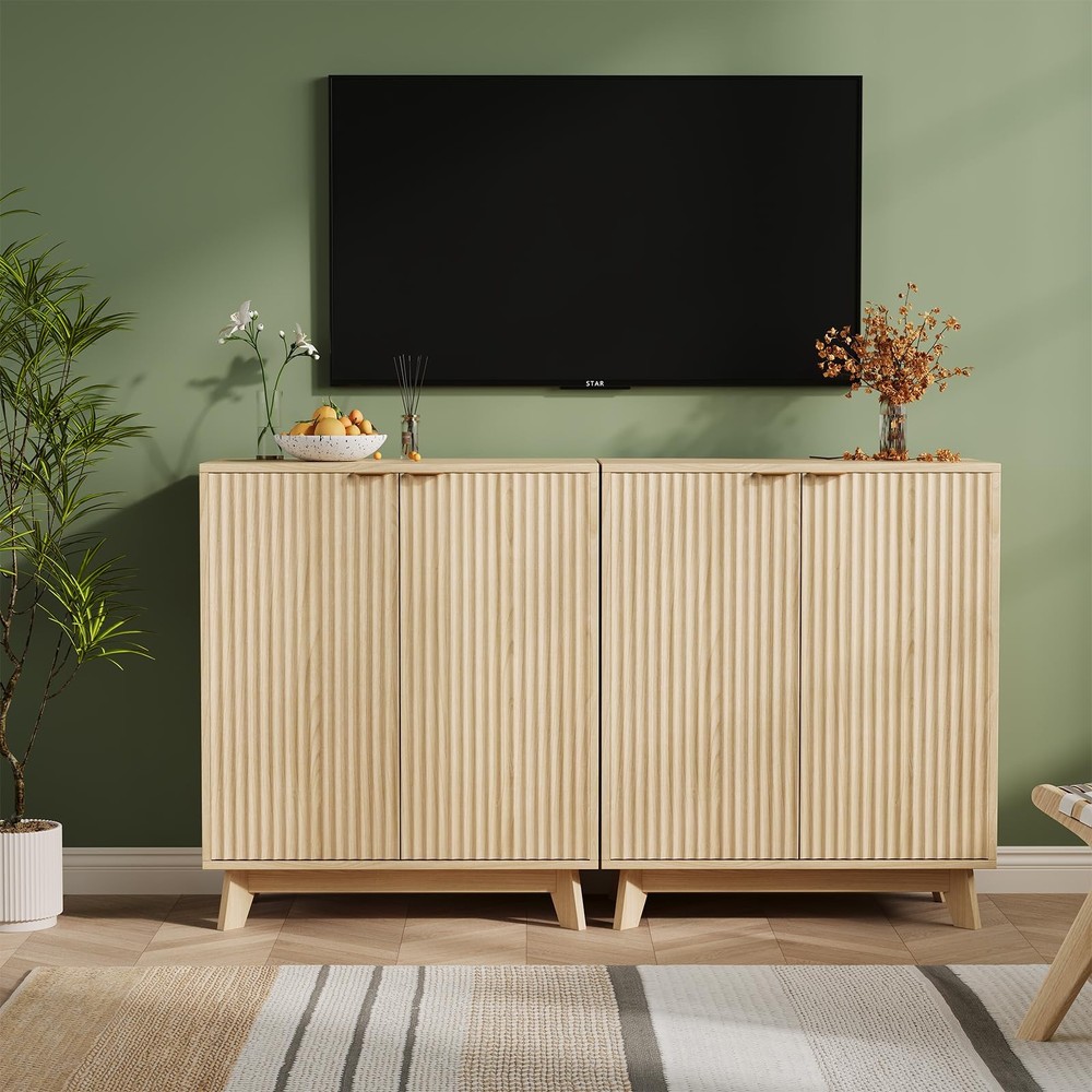 Fluted Accent Buffet Cabinet with Storage, 2 Doors Sideboard Buffet, Mid Cent...