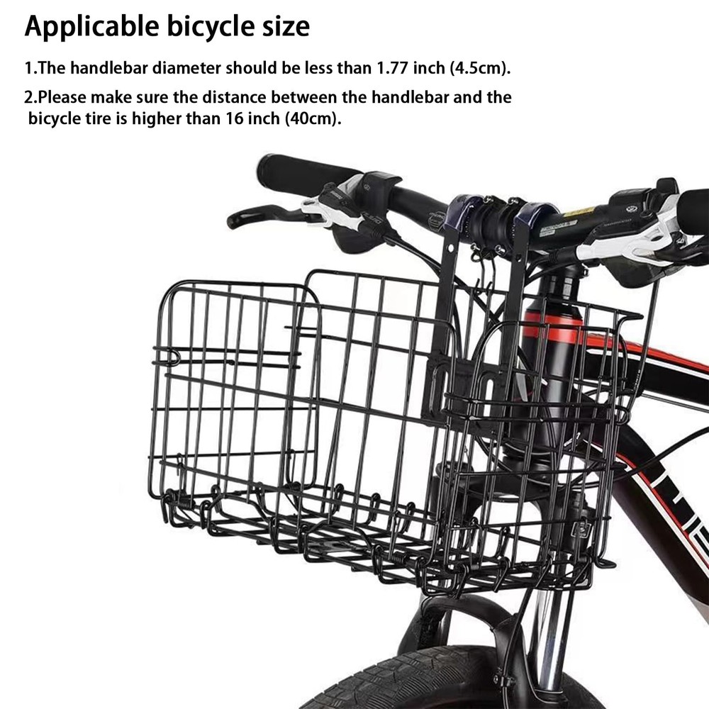 Folding Metal Wire Bicycle Basket - Easy Install Foldable Front Larger, black