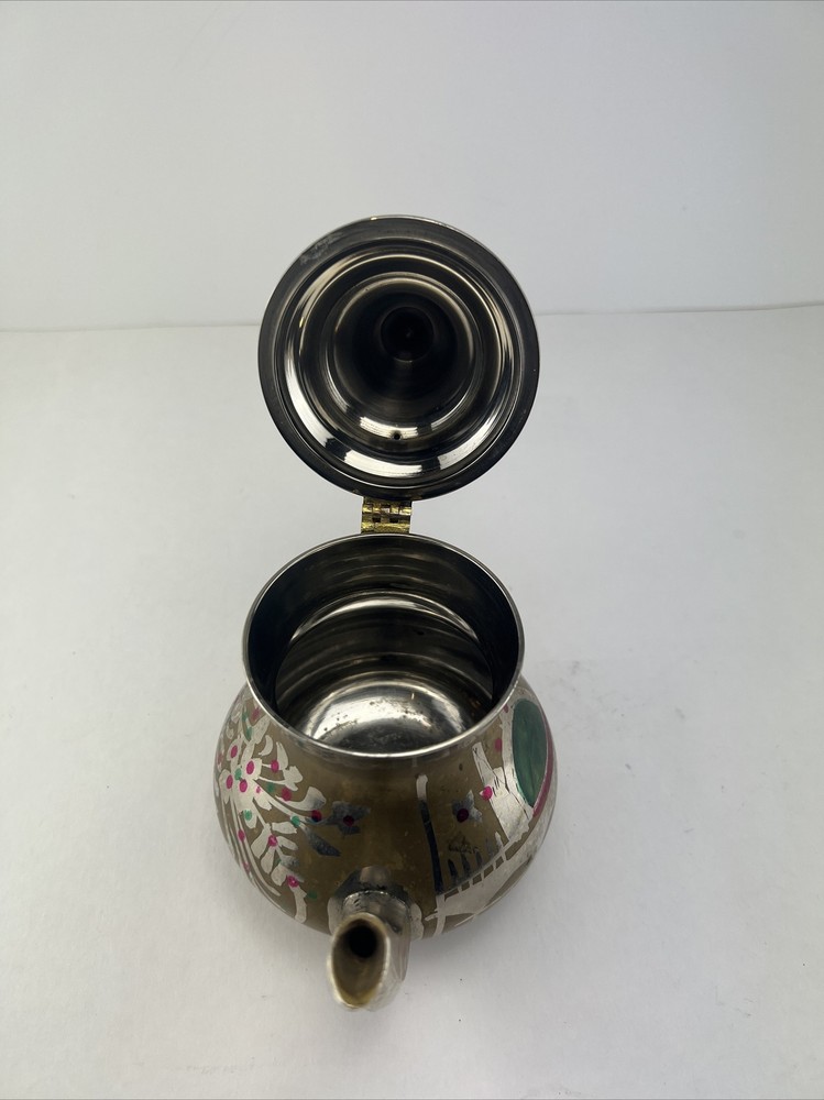 Vintage Ornate Small Middle Eastern Brass & Silver Tea Pot