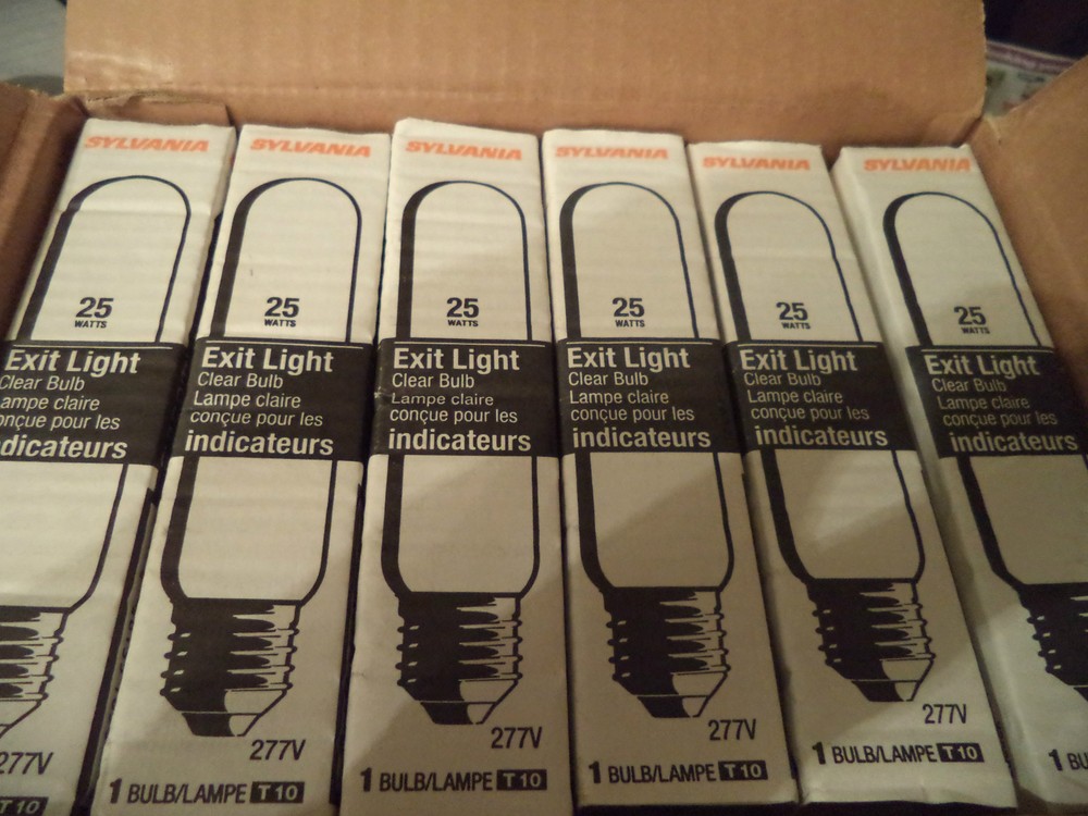LOT OF 6 25W EXIT LIGHT BULBS CLEAR 277V SYLVANIA MEDIUM BASE 25T10/277V/BB